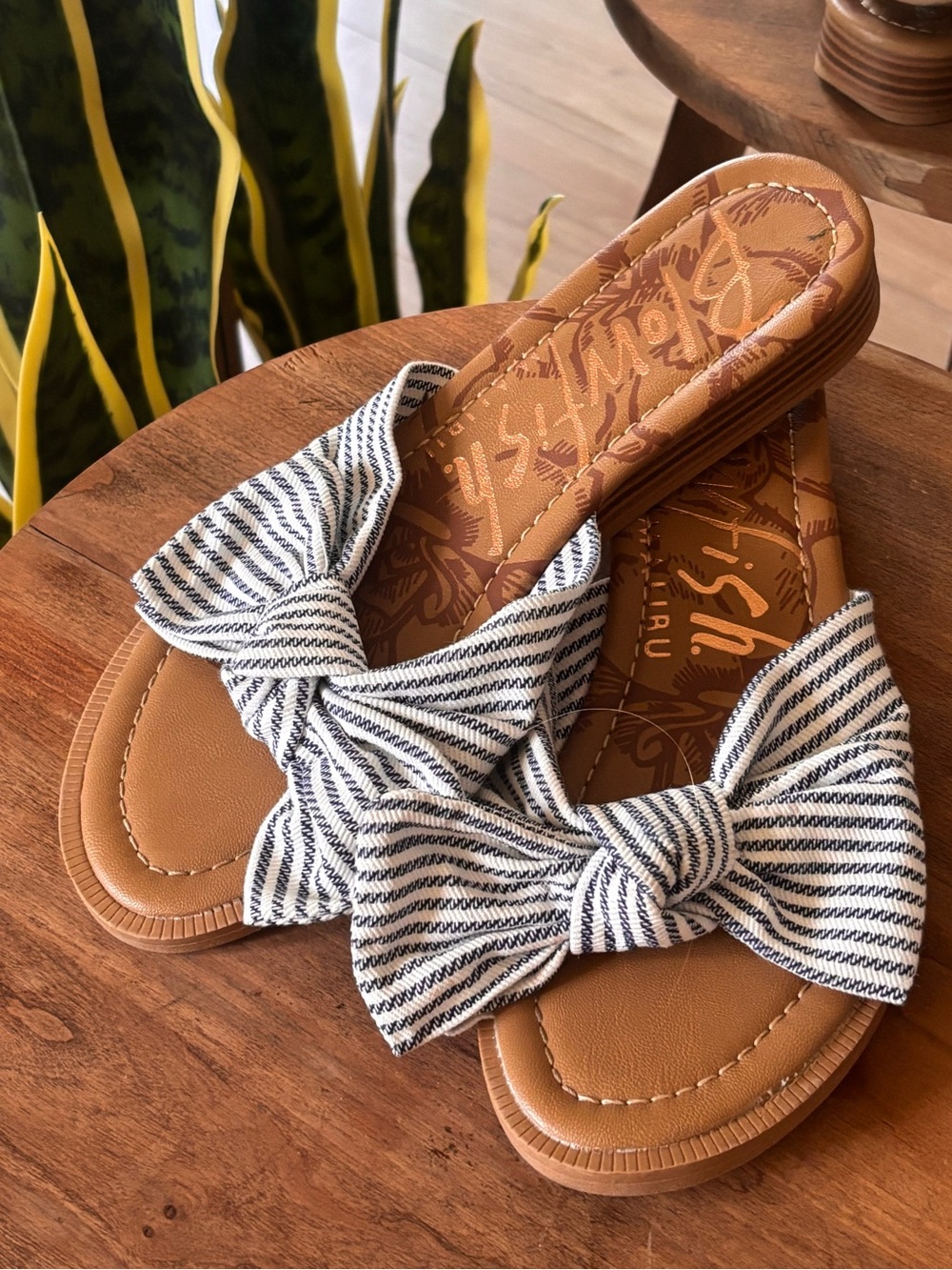 Blowfish Striped Bow Slide Sandals in Tan and White